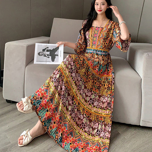 Summer Vintage Cotton Silk Ethnic Style Embroidered Dress Women