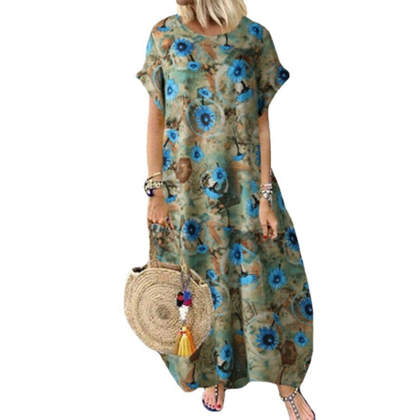 Summer Round Neck Cotton And Linen Short Sleeve Printed Long Dress Women