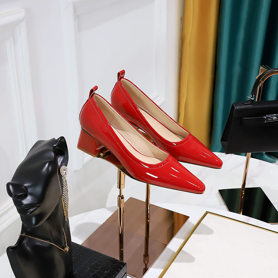 Thick Heel Medium Heel Patent Leather Shallow Mouth