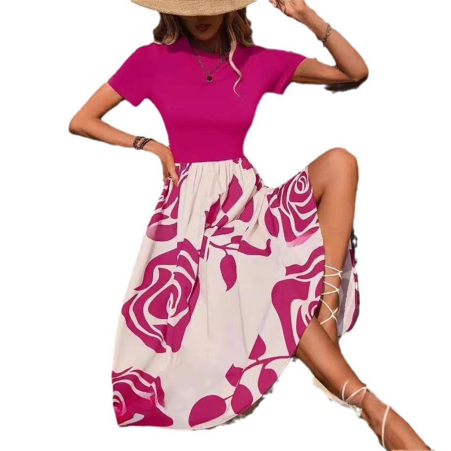 Spring Summer New Short Sleeves Slimming High Waist Dress
