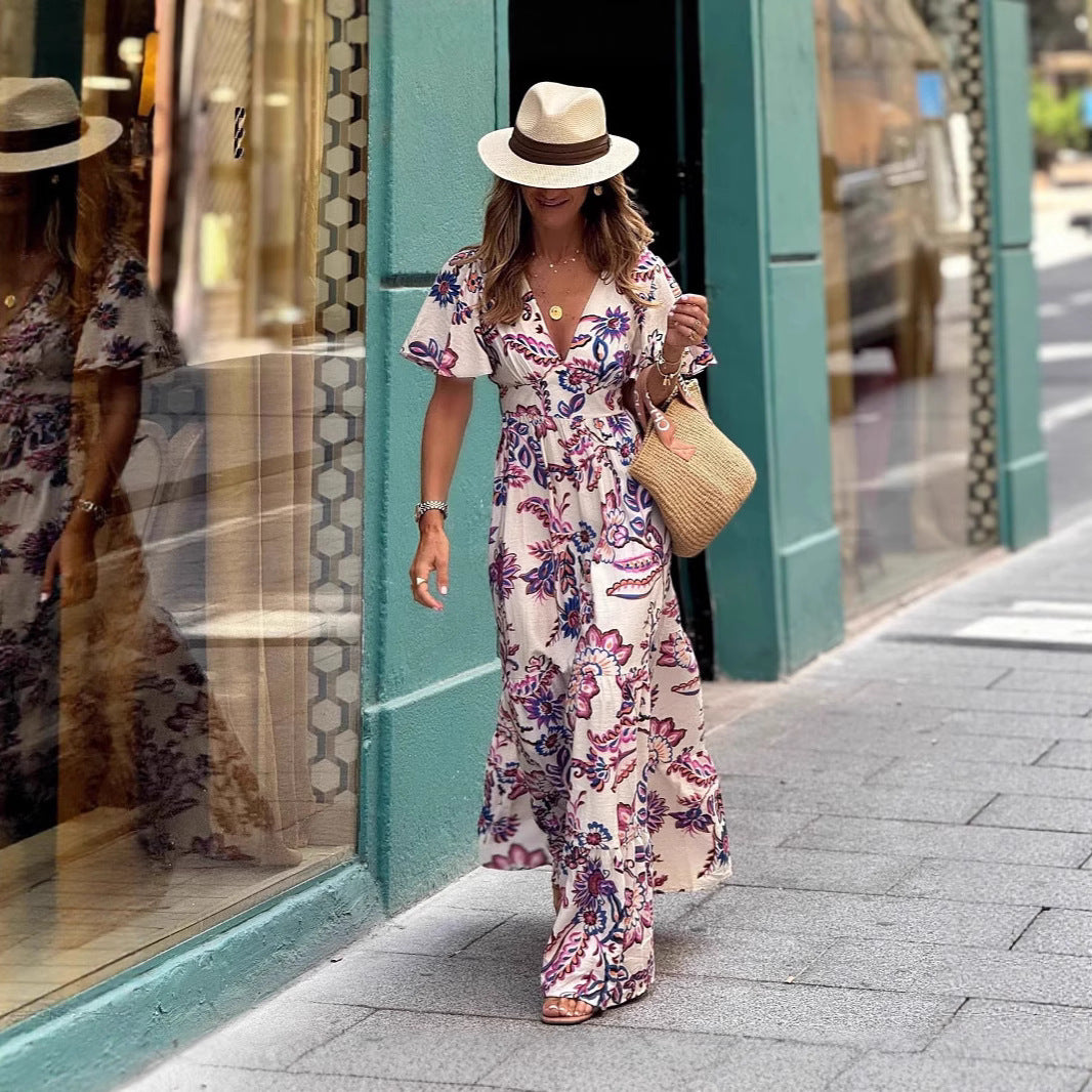 V-neck Waist Trimming Printing Ruffled Short Sleeves Dress