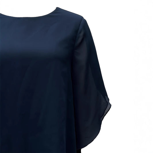 Women's Solid Color Asymmetrical Hem Round Neck Chiffon Top Paired With Straight Leg Pants Set