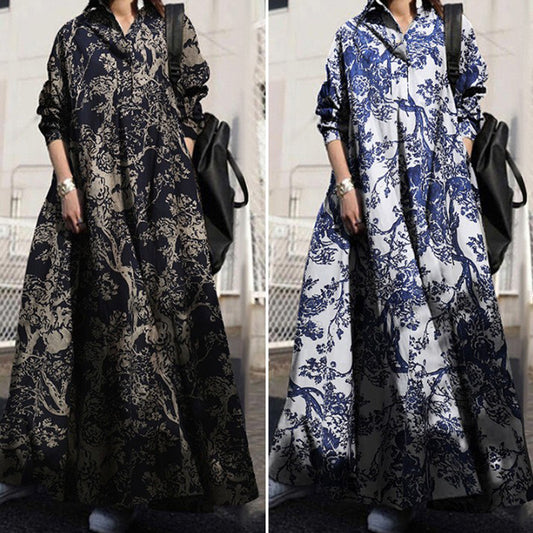 Retro Ethnic Style Autumn Printed Cotton And Linen Dress