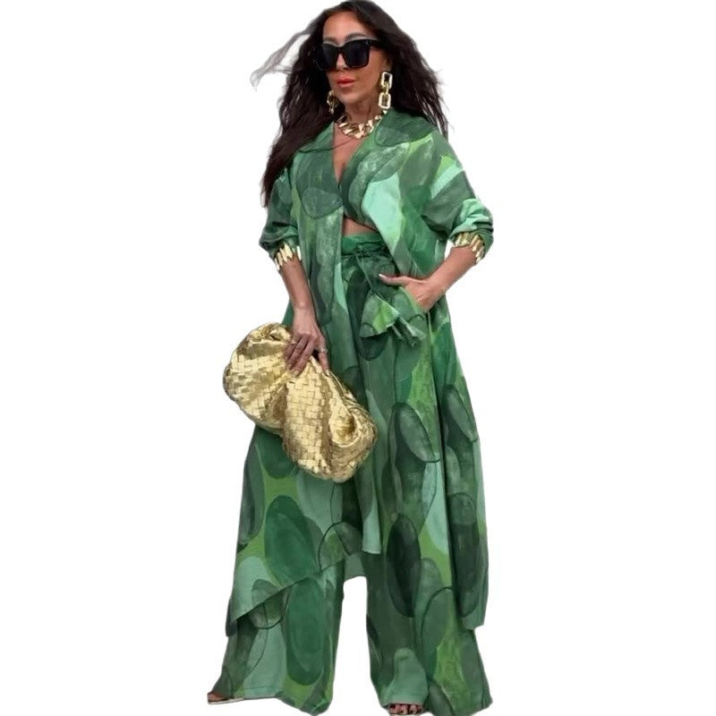 Elegant Sexy Fashion Print Top Wide Leg Pants Two-piece Set