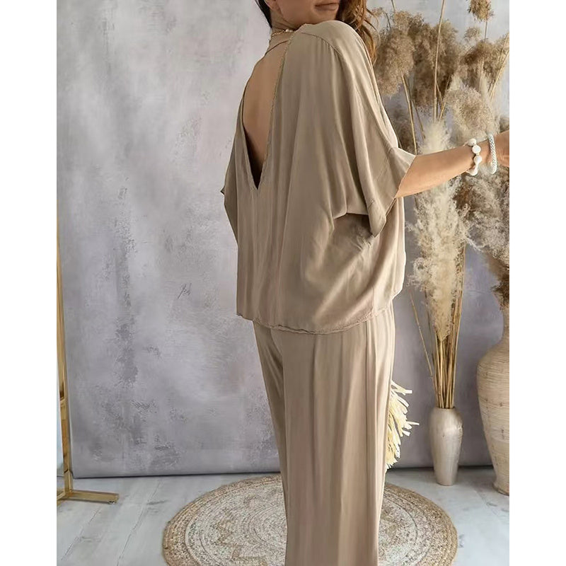 Women's 2 Piece Outfit, Casual Solid Color V-Neck Half Sleeve Top And Wide Leg Pants Lounge Set