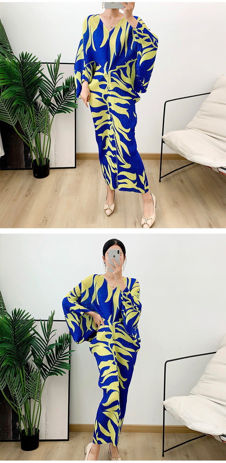 Pleated Loose V-neck Summer Print Dress