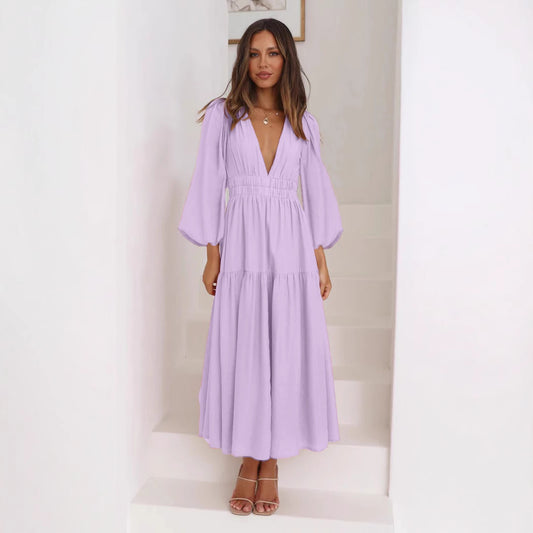 V-neck Waist-controlled Long Sleeves Dress Women