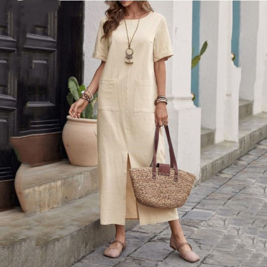 Cotton And Linen Solid Color Loose Round Neck Short Sleeve Dress Women