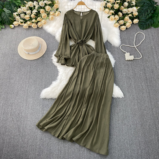 French Style Women's Temperament Twinset Design Sense Lace-up Waist-controlled Fashionable Long Sleeve