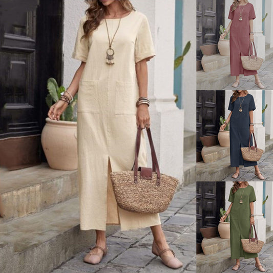 Cotton And Linen Solid Color Loose Round Neck Short Sleeve Dress Women