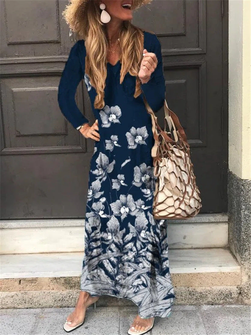 V-neck Floral Print Long Sleeve Long Dress Women