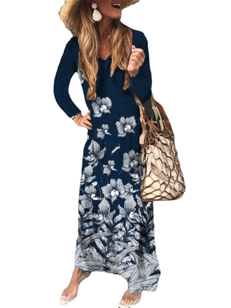 V-neck Floral Print Long Sleeve Long Dress Women