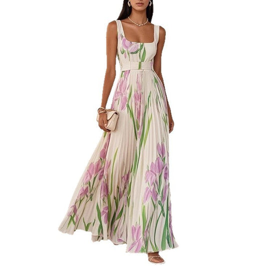 Sleeveless Formal Pleated Printed Dress