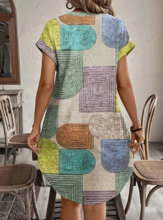 Women'S Summer Geometric Print V-Neck Dress With Buttons