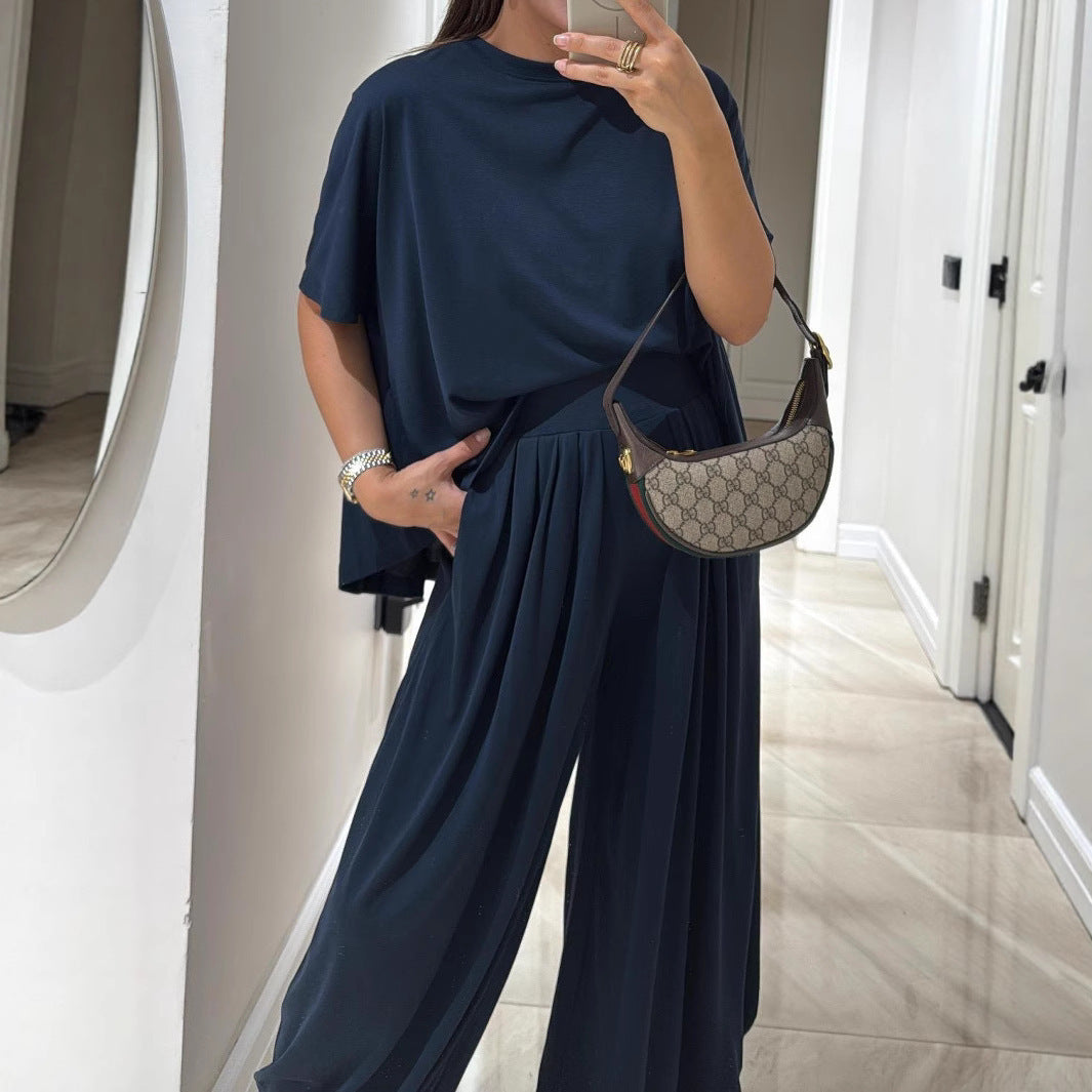 Casual Solid Color Loose Comfortable Wide-leg Pants Two-piece Women's Clothing