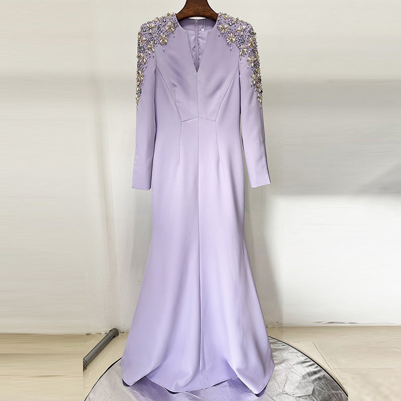 Heavy Industry Beads Diamond Front Slit Small Trailing Dress