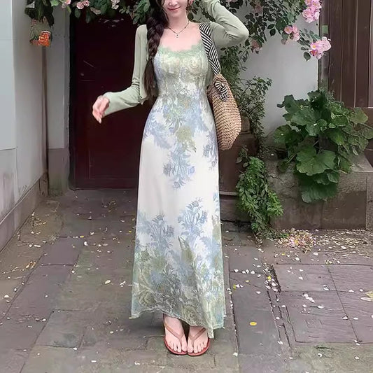 New Chinese Retro Jacquard Dress Women's Summer Cardigan Suspender Skirt Two-piece Set