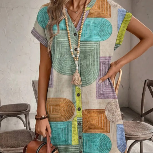 Women'S Summer Geometric Print V-Neck Dress With Buttons