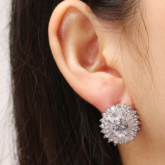 Huitan Eternity Cubic Zirconia Flower Stud Earrings For Women High Quality Wedding