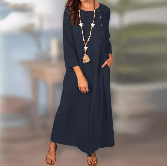 Spring And Summer Plain Long Sleeve Weave Vintage Long Dress