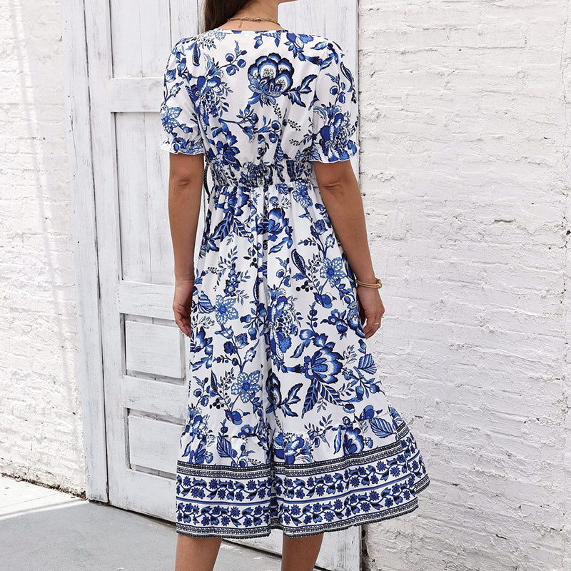 Women Floral Maxi Dress Short Puff Sleeve V Neck Bohemian Flowy Smocked Long Dress