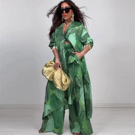 Elegant Sexy Fashion Print Top Wide Leg Pants Two-piece Set
