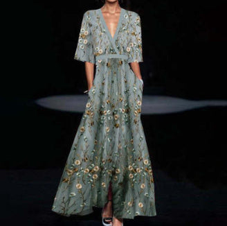 Summer V-neck Split Short-sleeved Dress Fashion Flower Print A-line Long Dresses Party Club Beach Clothing For Women