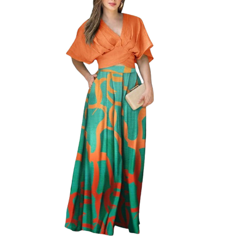 Women's Summer Short-sleeved Top And Pocket Trousers Printed Two-piece Suit