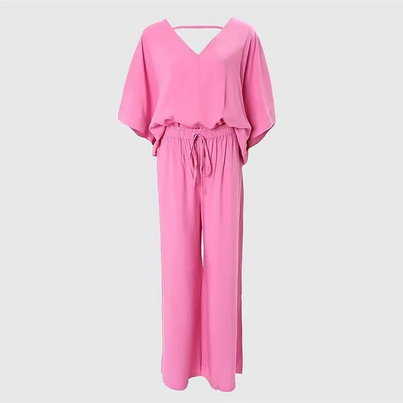 Women's 2 Piece Outfit, Casual Solid Color V-Neck Half Sleeve Top And Wide Leg Pants Lounge Set