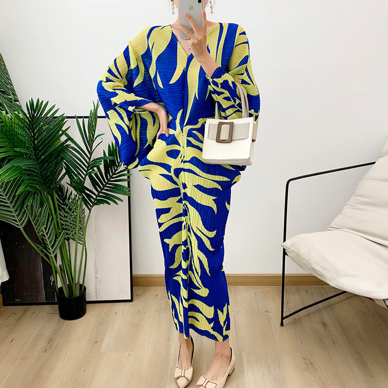 Pleated Loose V-neck Summer Print Dress
