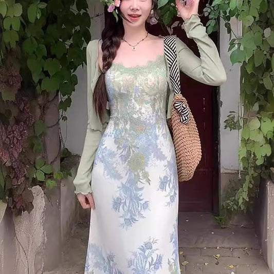 New Chinese Retro Jacquard Dress Women's Summer Cardigan Suspender Skirt Two-piece Set