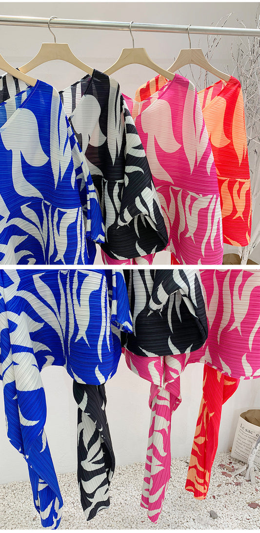 Pleated Loose V-neck Summer Print Dress