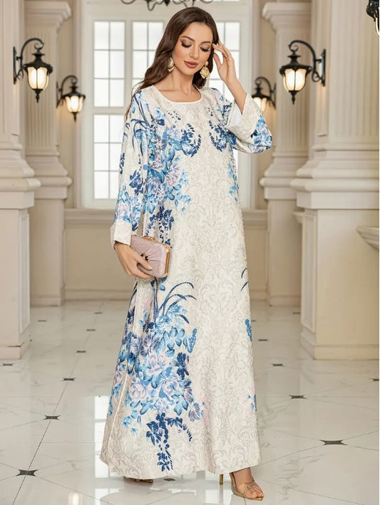 Elegant Floral Print Long Sleeve Abaya Dress