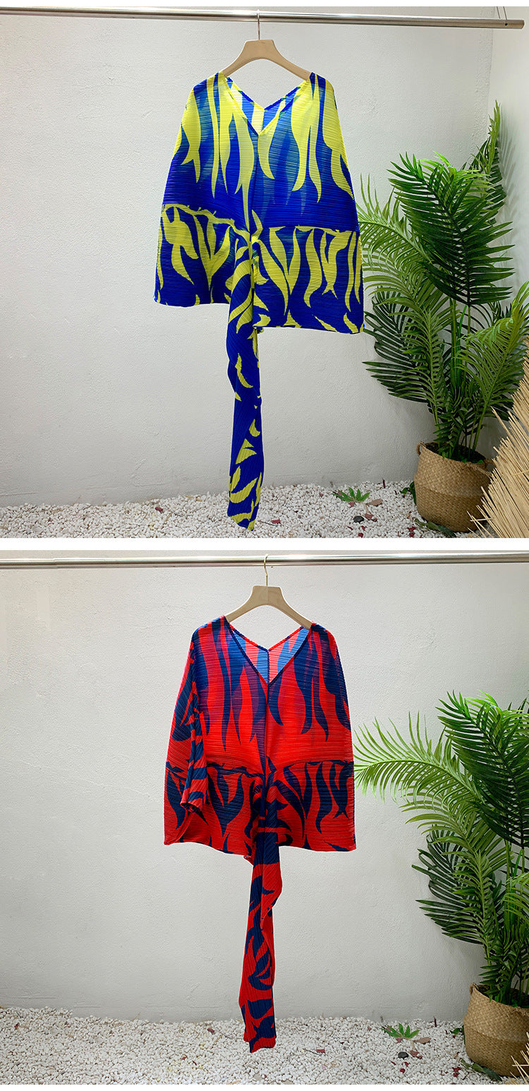 Pleated Loose V-neck Summer Print Dress