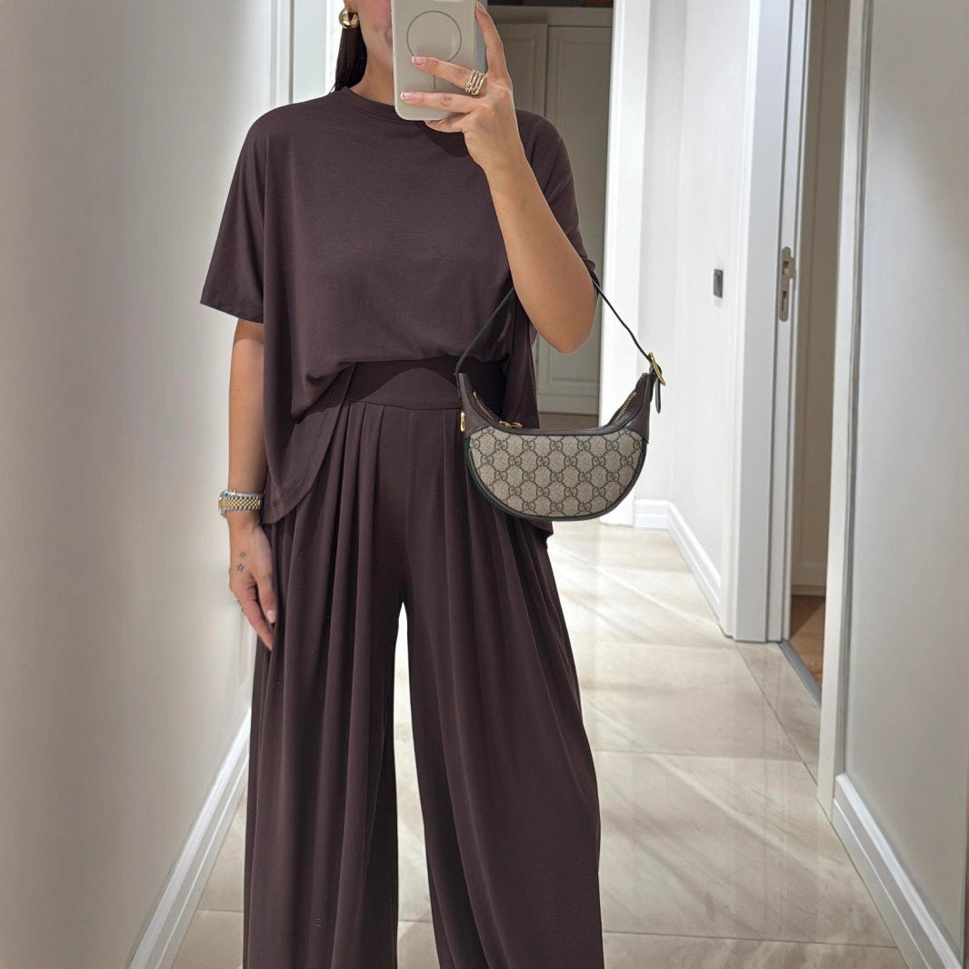 Casual Solid Color Loose Comfortable Wide-leg Pants Two-piece Women's Clothing