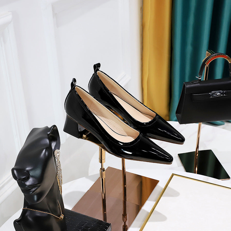 Thick Heel Medium Heel Patent Leather Shallow Mouth