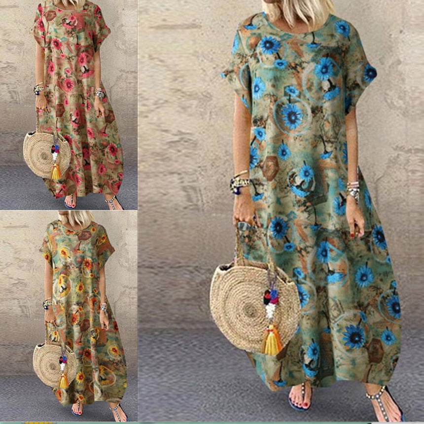 Summer Round Neck Cotton And Linen Short Sleeve Printed Long Dress Women