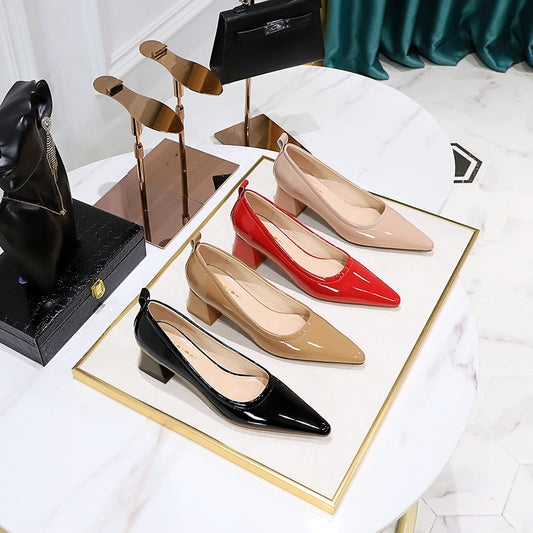 Thick Heel Medium Heel Patent Leather Shallow Mouth