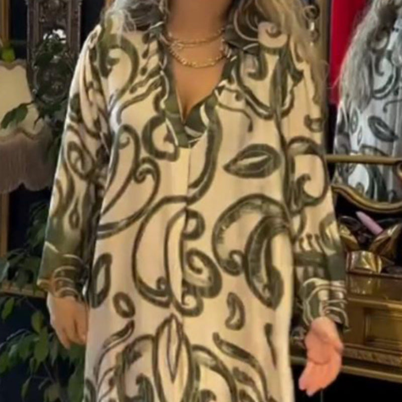 Summer New U-neck Printed Long Sleeve Dress