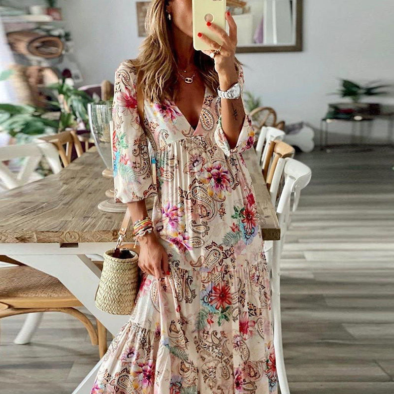 Summer Women's V-neck Butterfly Print Dress Long Dress