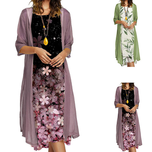 Two-piece Floral Print Round Neck Dress Jacket Women