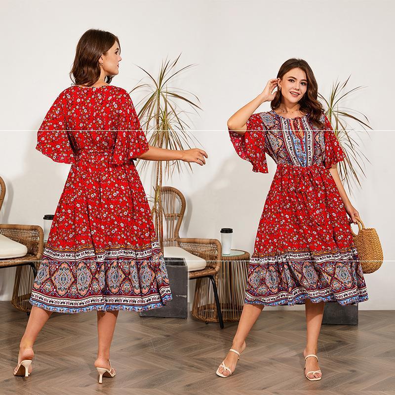 Women Dresses Summer V Neck Print Beach Dress