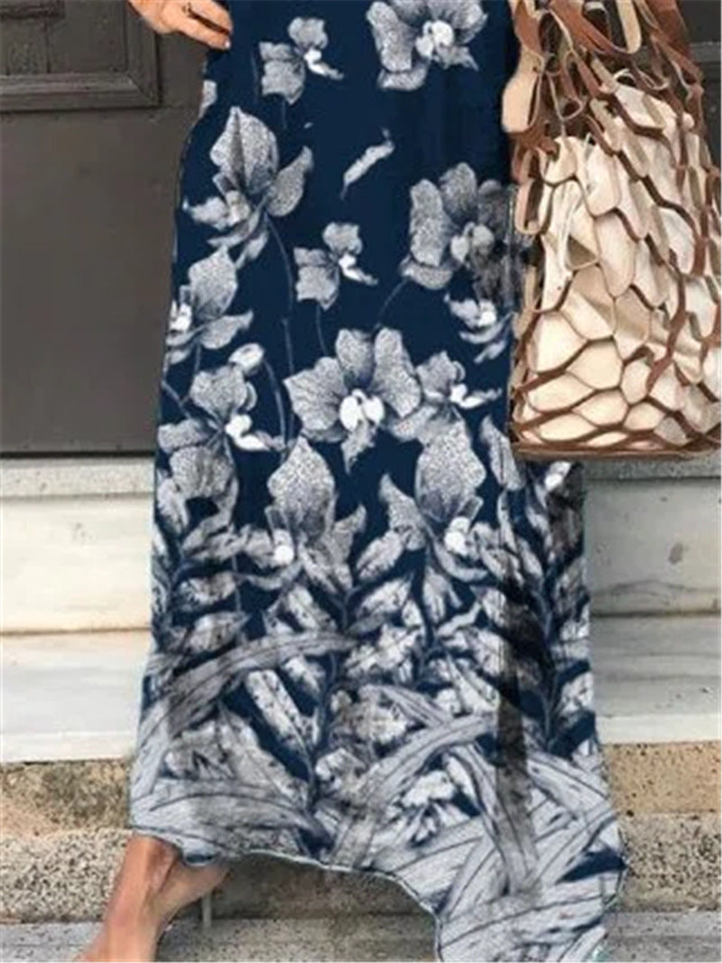 V-neck Floral Print Long Sleeve Long Dress Women