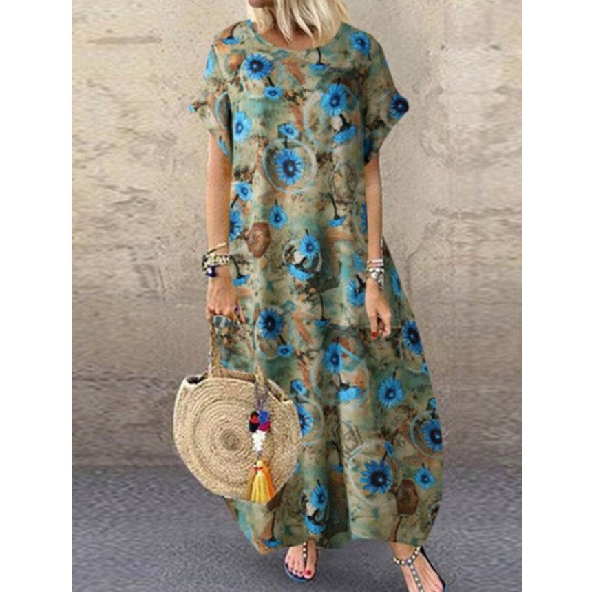 Summer Round Neck Cotton And Linen Short Sleeve Printed Long Dress Women