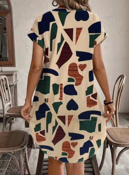 Women'S Summer Geometric Print V-Neck Dress With Buttons