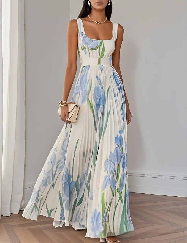 Sleeveless Formal Pleated Printed Dress