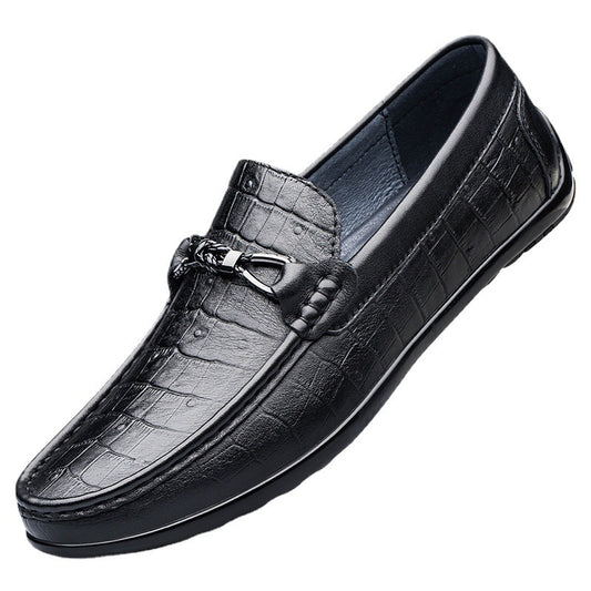 Round Toe Embossed Casual Leather Shoes Flat Heel