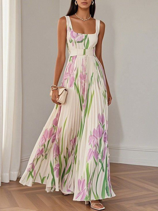 Sleeveless Formal Pleated Printed Dress