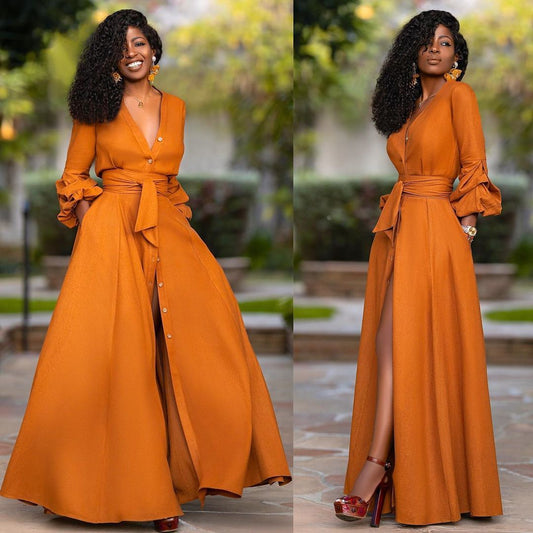 Summer V Neck Puff Sleeves Button Sashes Ladies Casual Dresses