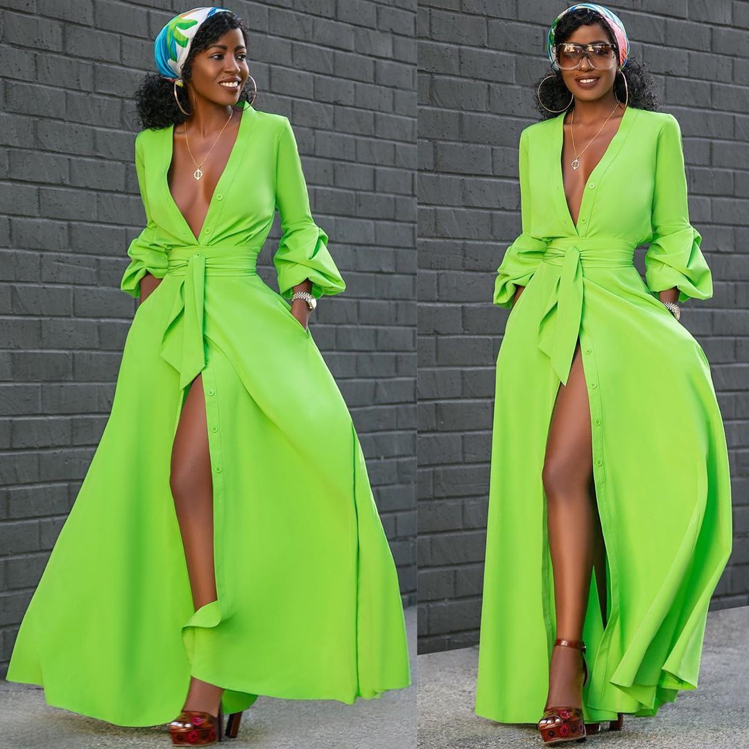Summer V Neck Puff Sleeves Button Sashes Ladies Casual Dresses